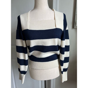 Anthropologie Kourt Sweater Monica Striped Large Blue Cream Cropped Square Neck